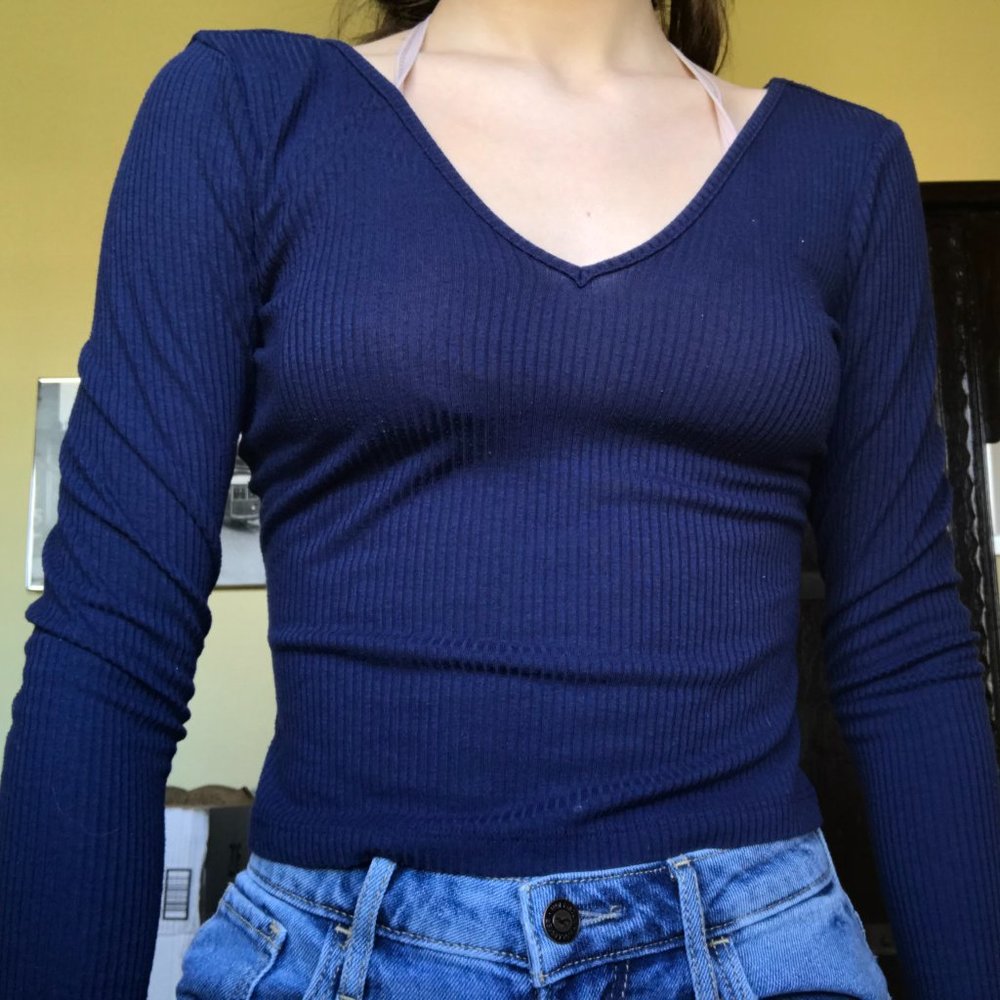 Navy Long Sleeve Crop Top